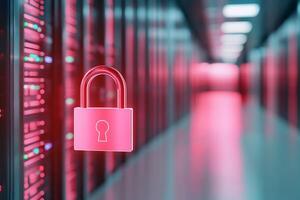 Digital security concept with a padlock over a server room background. photo