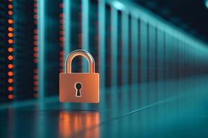 A digital padlock symbolizing cybersecurity in a data center. photo