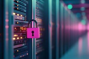 A digital padlock hangs on a server, symbolizing cybersecurity. photo