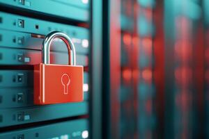A digital lock symbolizes data security on server racks. photo