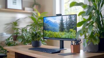 A modern workspace featuring a computer, plants, and a scenic view. photo