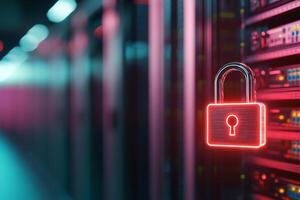 A glowing padlock symbolizing data security in a server room. photo