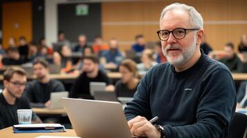 A professor engages with students in a lecture hall setting. photo