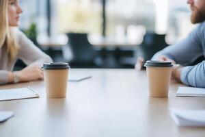Two people in a meeting with coffee cups on a conference table. photo