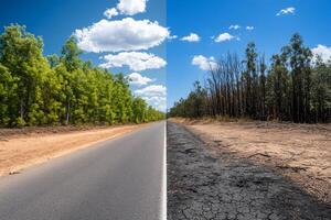 A split image showing a lush forest and a barren, burned landscape. photo