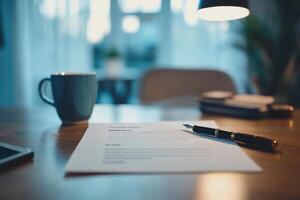 A workspace scene with a document, pen, coffee, and electronic device. photo