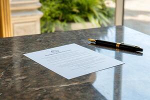 A formal document on a marble table with a pen nearby. photo