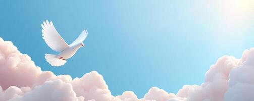 A dove soaring through fluffy clouds under a bright blue sky. photo