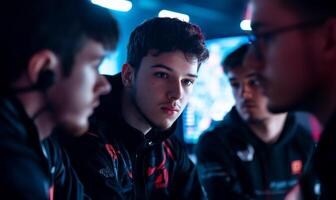 A focused group of gamers strategizing in an esports environment. photo