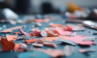 A colorful assortment of paper scraps scattered on a work surface. photo