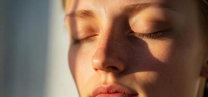 Close-up of a serene face with closed eyes, illuminated by sunlight. photo