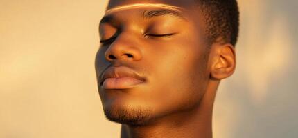 A serene portrait of a young man with closed eyes in soft lighting. photo