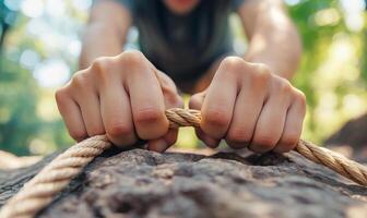 A person gripping a rope tightly on a rocky surface in nature. photo