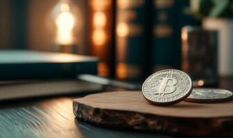 Bitcoin coins on a wooden surface with books and a lamp in background. photo