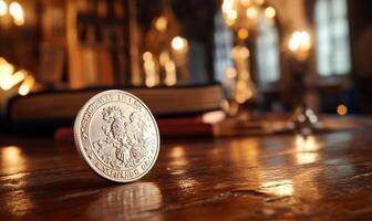 A silver coin resting on a wooden table with a blurred background. photo