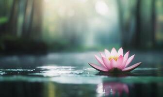 A serene pink lotus flower floats on a tranquil water surface. photo