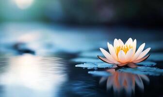 A serene water lily blooms on a tranquil pond, reflecting its beauty. photo