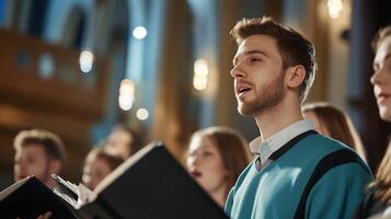 Choir members singing in a church setting, focused on their performance. photo