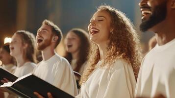 A choir singing joyfully in a warm, illuminated setting. photo