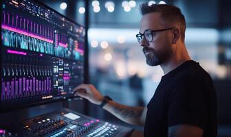 A man interacts with a digital sound mixing console in a modern studio. photo