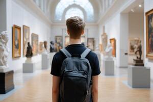 A person observing art in a gallery filled with sculptures and paintings. photo