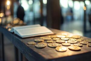 Coins scattered on a table beside an open book in a museum setting. photo