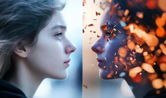 A split image showing a profile of a girl with artistic effects. photo