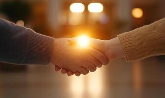 A handshake symbolizing agreement or partnership with a glowing background. photo