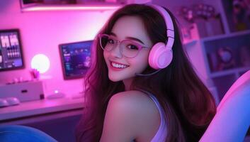 A smiling woman with headphones in a colorful gaming setup. photo
