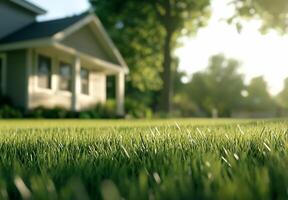 A close-up view of lush green grass in a residential yard. photo