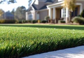 A close-up of a lush green lawn in a residential area. photo