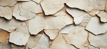 A textured background of old, torn paper sheets layered together. photo