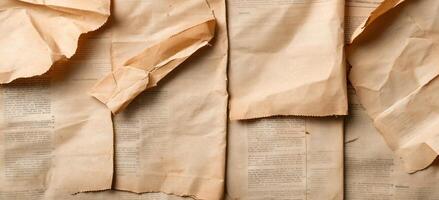 Crumpled, aged papers scattered, displaying faded text and texture. photo