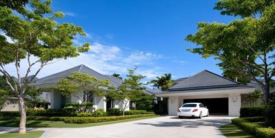 Modern house with a manicured garden and a parked car. photo