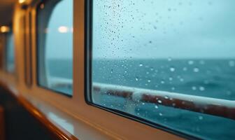 Rain droplets on a ship window with a view of the ocean. photo
