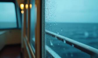 A rainy view from a ship's interior, showcasing the ocean beyond. photo