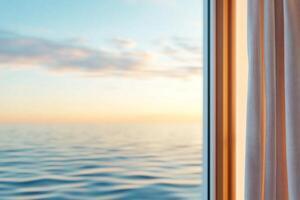 Serene view of a calm ocean at sunset through a window curtain. photo