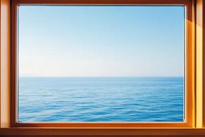 A serene view of calm ocean waters through a wooden-framed window. photo