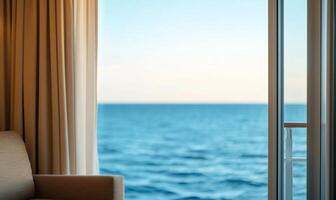 Cozy interior with a sea view through an open window. photo