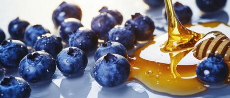 Fresh blueberries drizzled with golden honey create a vibrant, delicious combination, highlighting natural sweetness and healthy ingredients. photo