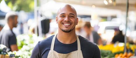 A smiling man in an apron stands at a vibrant farmers market, surrounded by fresh produce and a cheerful atmosphere. photo