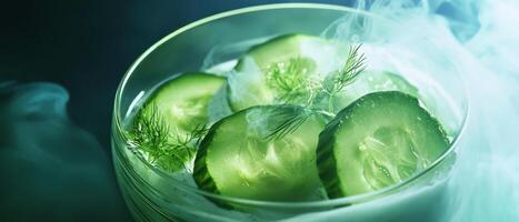 A refreshing glass featuring cucumber slices, surrounded by a misty atmosphere, evoking a cool and invigorating vibe. photo