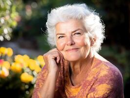 A smiling older woman with white hair poses thoughtfully in a garden, surrounded by vibrant flowers, exuding warmth and wisdom. photo