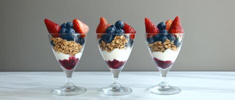 Three elegant dessert parfaits layered with yogurt, granola, and fresh strawberries and blueberries, served in clear glasses against a neutral background. photo