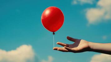 Hand Releasing Red Balloon into Blue Sky with Fluffy Clouds on a Sunny Day photo