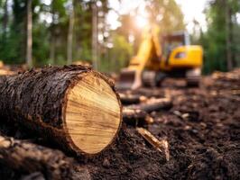 Close-up of a Freshly Cut Tree Trunk with a Blurred Excavator in a Forested Area During Sunset photo