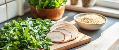 Fresh greens and sliced chicken breast are artfully arranged on a kitchen countertop, complemented by a bowl of grains in natural light. photo