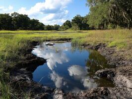Serene Wetland Landscape with Reflective Water and Lush Greenery Under a Blue Sky with White Clouds photo