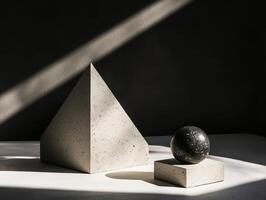 Minimalist Geometric Shapes in Natural Light with Concrete Pyramid and Sphere on White Surface photo