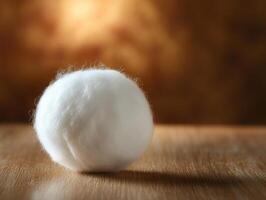 Fluffy White Cotton Ball on Wooden Surface with Warm Brown Background in Soft Focus photo